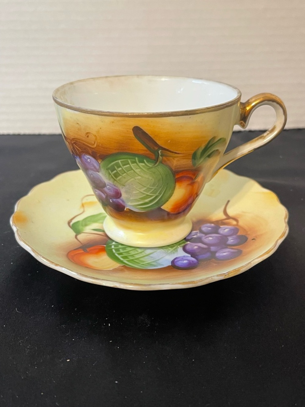 Hand-Painted Fruit Teacup and Saucer Set in Yellow and Gold